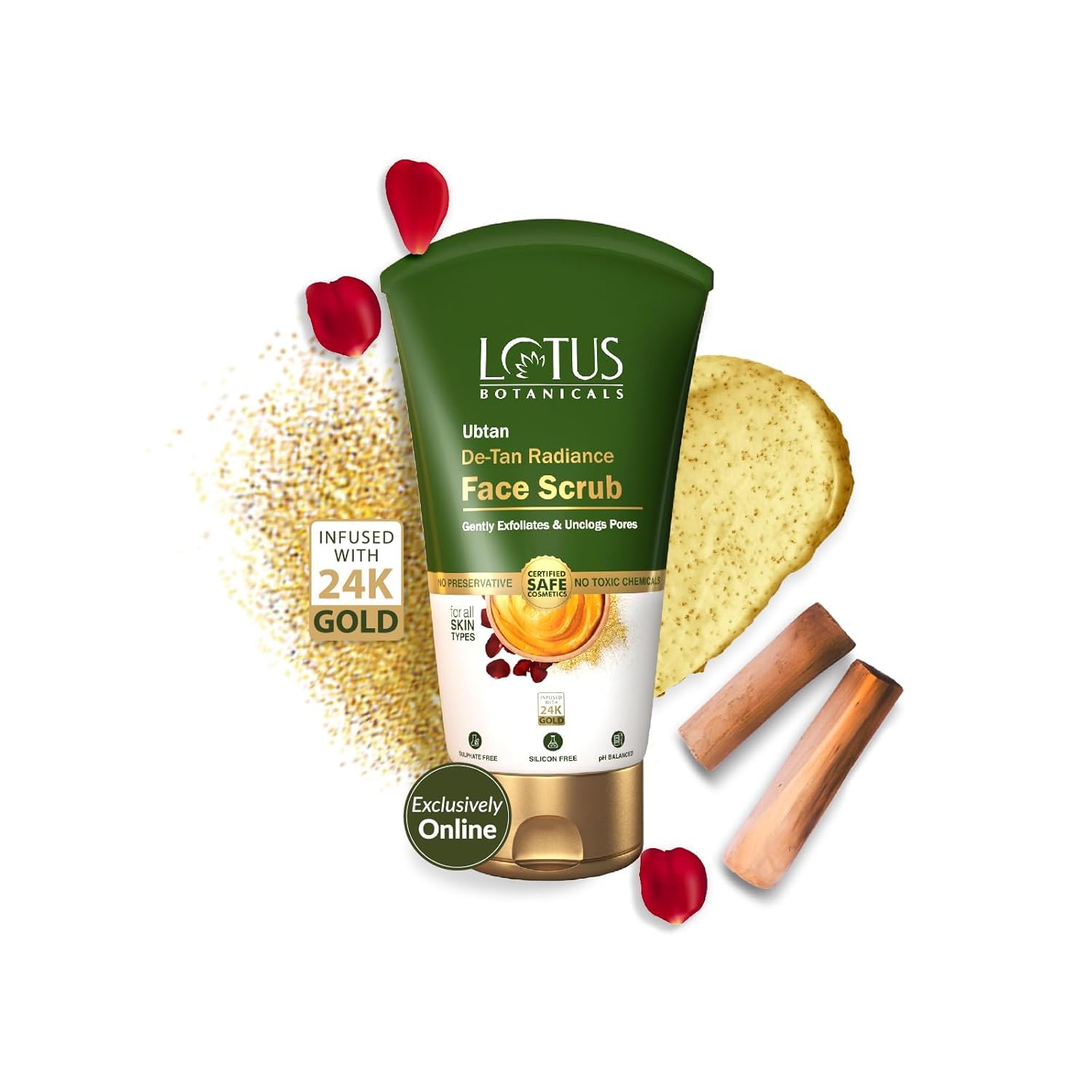 Lotus Botanicals Ubtan De-Tan Radiance Face Scrub | Infused with 24K Gold | For Gentle Exfoliation, Unclogs Pores, Glowing & Rejuvenated Skin, Anti-Tan | No Silicon, No Sulphates, Non-Comedogenic, No Preservatives | 100g