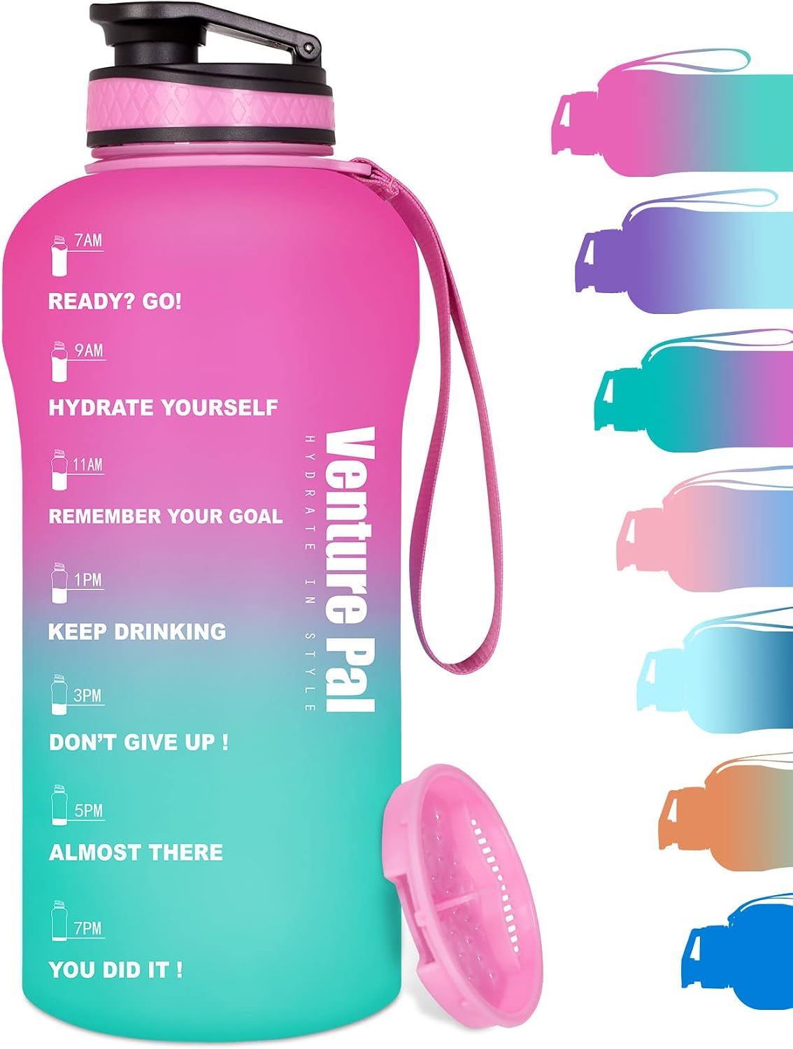 Venture Pal Half Gallon/64oz Motivational Water Bottle with Time Marker & Removable Strainer, Leakproof BPA Free Water Jug to Remind You Drink More Water, Hydrate in Style