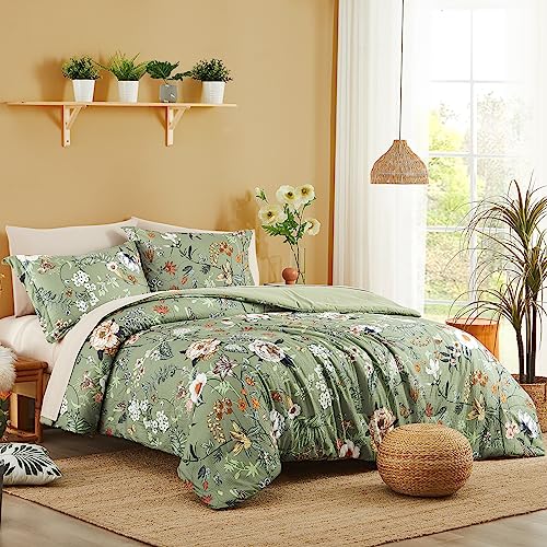 CASAAGUSTO Twin Comforter Set - 5 Pieces Green Floral Bedding Sets, Twin Bed in a Bag with Botanical Butterfly Comforter, Sheets, Pillowcases & Shams for All Seasons