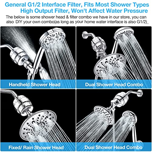 Luxau 20 Stage Shower Filter W/ 3 Cartridge, Shower Head Filter, Reduce Well Hard Water Chlorine Heavy Metal & Impurity, Improve Skin Hair, Fit Standard Handheld Showerhead Fixed Rainfall, Chrome #TOP3