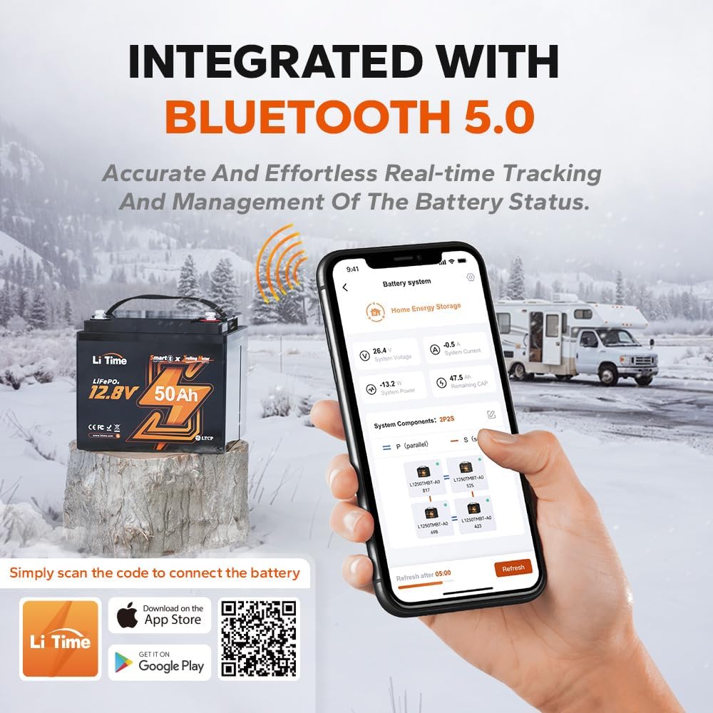 Smartphone displaying LiTime Bluetooth app with QR code for download
