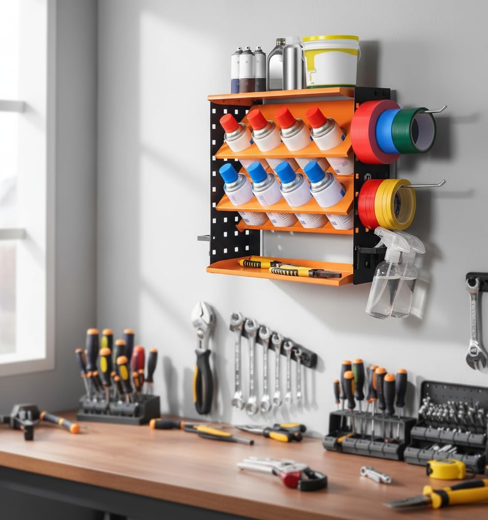 Heavy Duty Metal Spray Can Holder - Wall Mount or Countertop Spray Bottle Lube Can Organizer for Garage & Home & Workshop, Peg Board on Both Sides | 8 Can Holes & 6 Steel Hooks, 5 Plastic Hooks