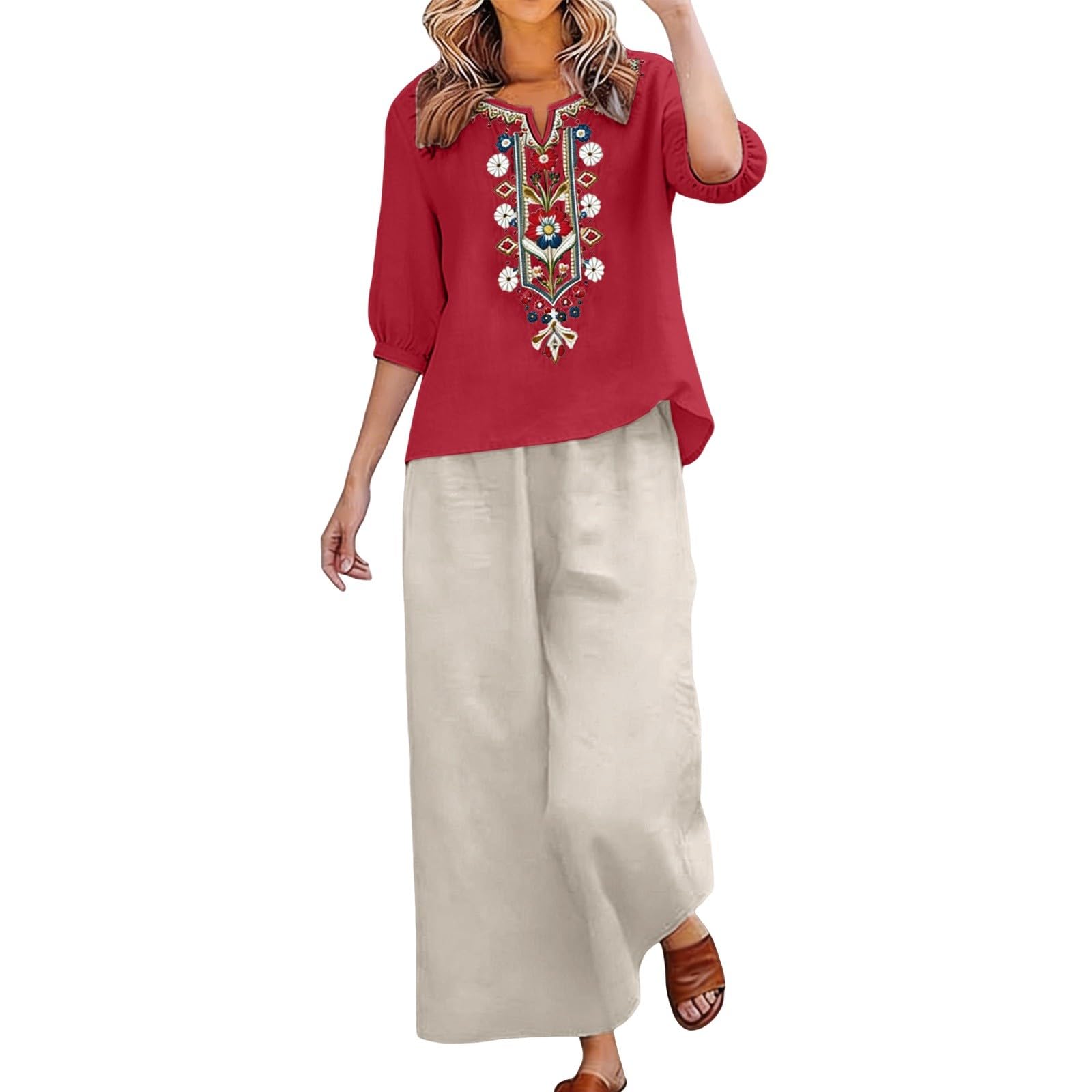 2 Piezas Conjunto Mujer Casual Elegante Verano Lino Y Algodón Conjunto Deportivo Blusa Y Pantalones Talla Grande Chandal Completo Holgado Loungewear Manga 3/4 Cintura Alta Trabajo Playa Vacaciones