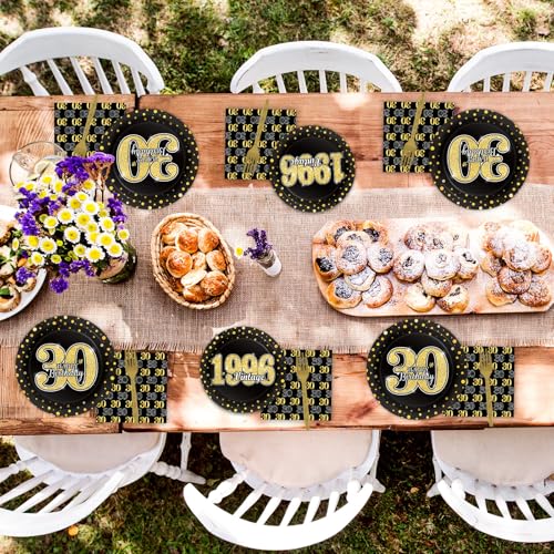 Image of 96PCS 30th Theme Birthday Party Tableware Vintage 1996 Party Supplies 30 Year Old Birthday Decorations Plates Napkins Forks Black and Gold Dinnerware Favors for Men or Women