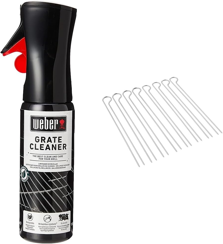 WeberGrill Grate Cleaner Spray | Biodegradable BBQ Cleaner | Weber Barbecue Accessories | Designed for Cleaning Cooking & Barbecue Skewers Set - Set of 8 Steel Kebab Skewers with Dual-Pronged