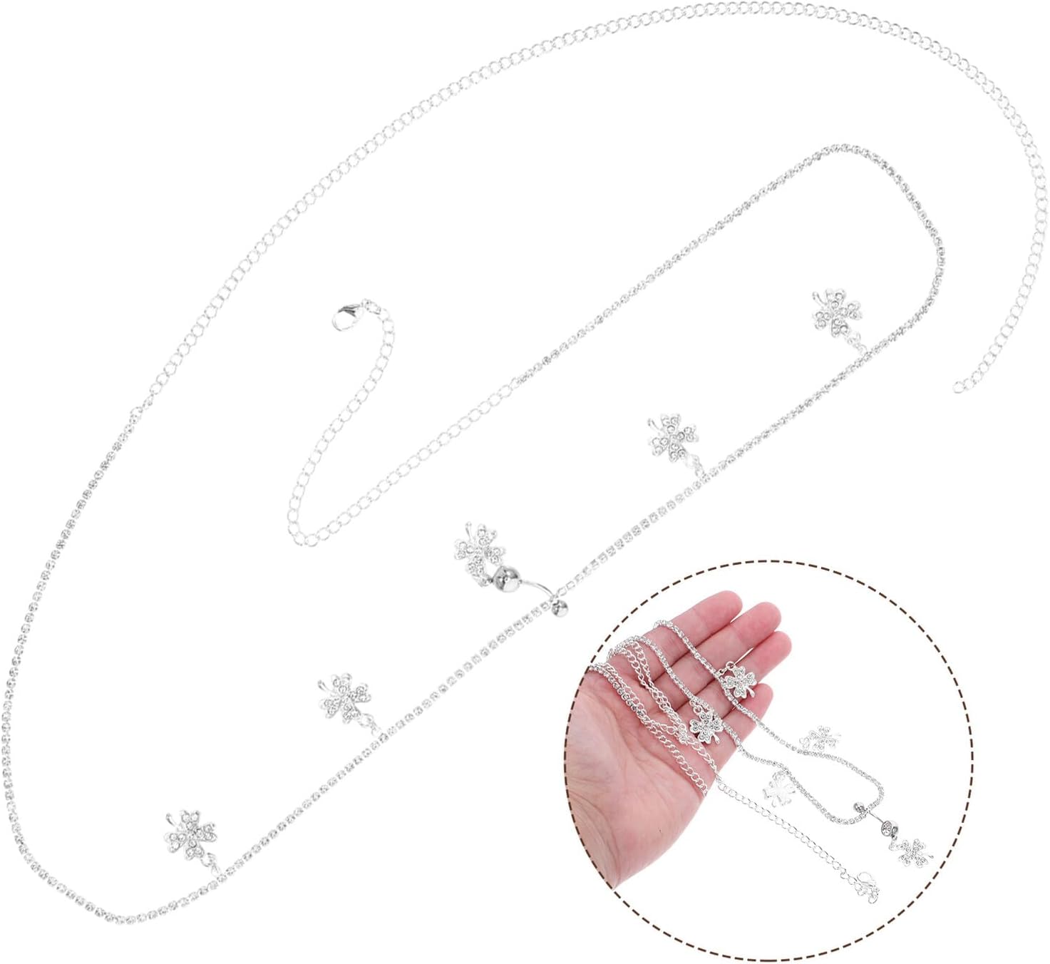OUNONA Rhinestone Belly Necklace Chain with Clover Pendant Adjustable Multi-layer Waist Body Chain for Women Summer Beach Party Jewelry