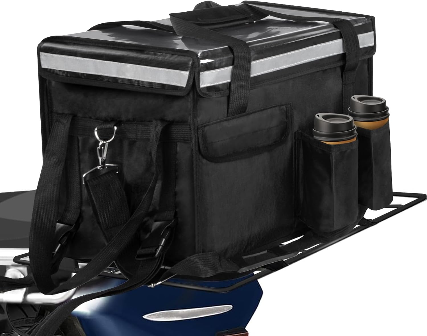 Insulated Bags for Food Delivery with Cup Holder and Fixed Base 17.3" x 13.5" x 12.5", Support Frame & Hard Bottom Plate, Waterproof Commercial Insulated Food Delivery Bag Drink Carriers for Doordash