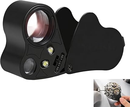 30X 60X Jewellers Loupe, Jewellers Magnifying Glass, Illuminated Jewelry Magnifier Loupe with LED Light, Foldable Pocket Magnifier for Gems Coins Stamps Watch Repair, Dual Lens with Protective Case