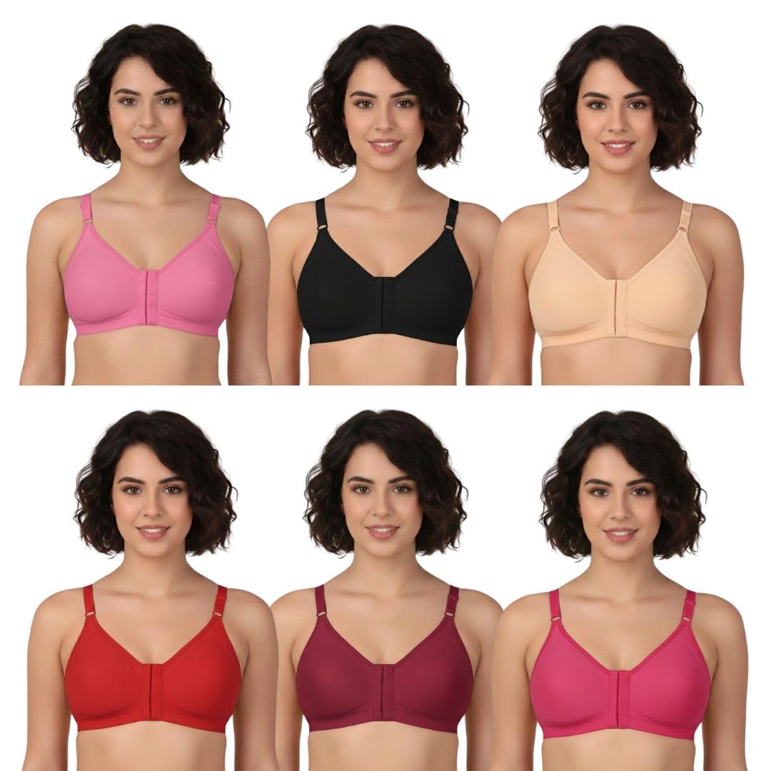 Women's Cotton Front Open Bra | Non-Padded Non-Wired | Full Coverage | Seamless Sweat Absorbent Front Hook Closure | Pack of 6 | Multicolor |-image-31