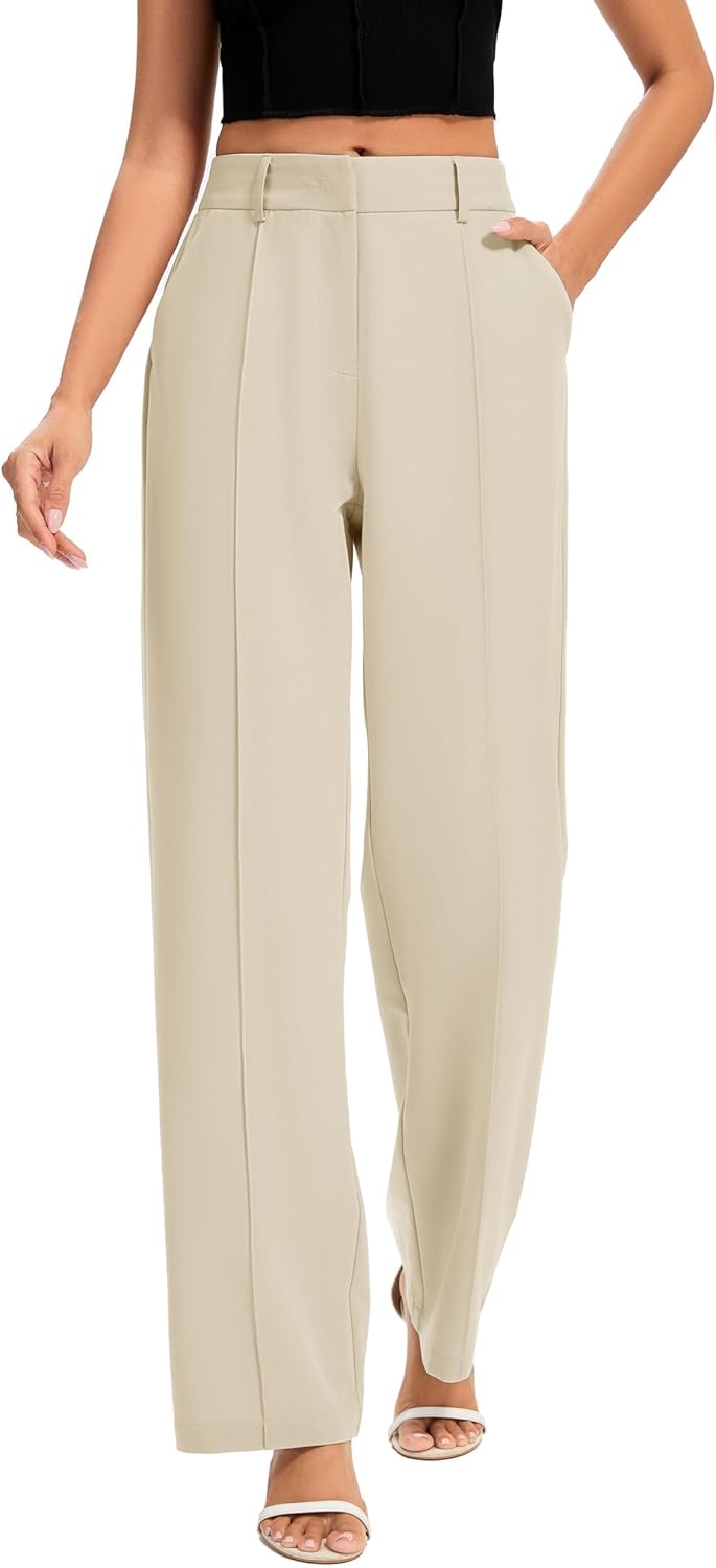 FUNYYZO Women Dress Pants High Waisted Work Slacks Pants Dressy Casual Straight Leg Elastic Waist 2026 Summer Trousers