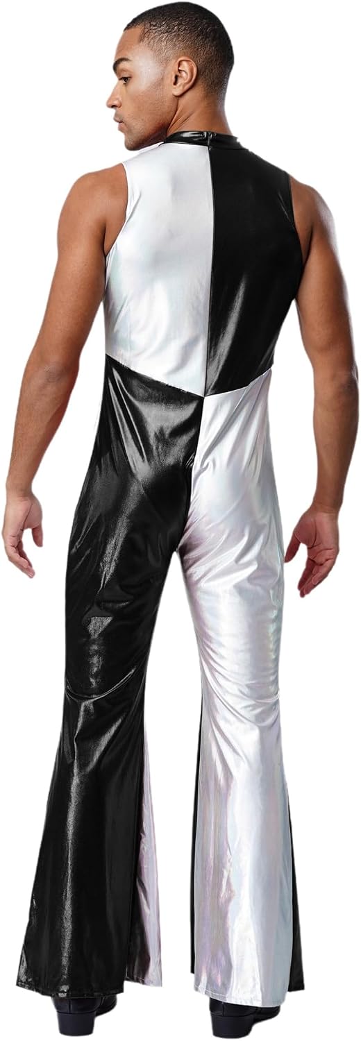 Jelory Mens 70s Disco Party Rave Outfits Metallic Shiny Jumpsuit Bell Bottom Bodysuit Hippie Costumes