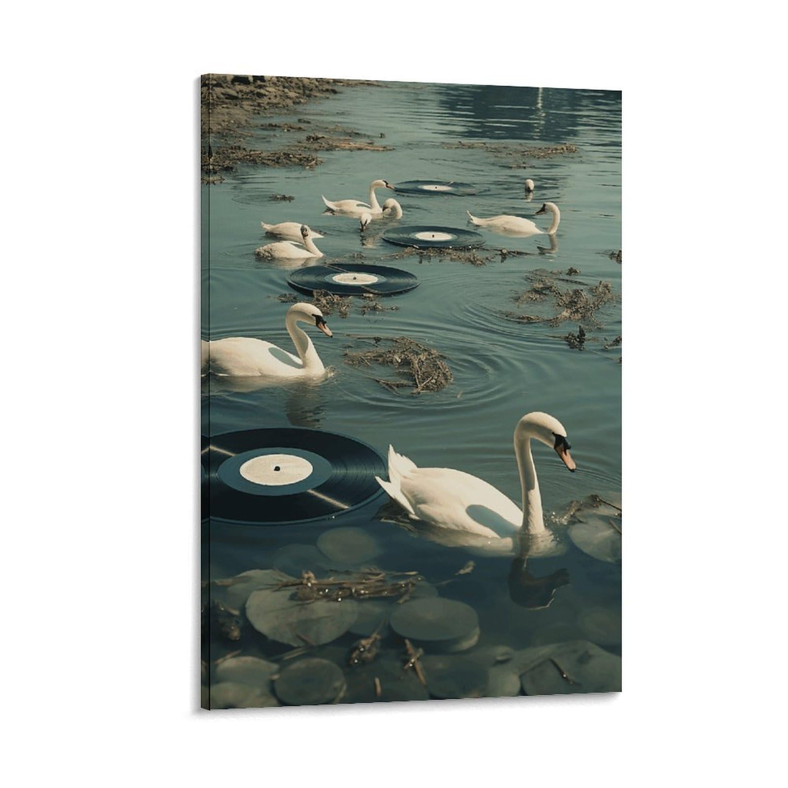 Canvas Wall Art for Living Room 16"x24" Modern Artwork Painting Pictures Hanging Canvas Prints Swan And Record Aesthetic Wall Art for Bedroom Bathroom Office Wall Art Print Decor Swan And Record Canv