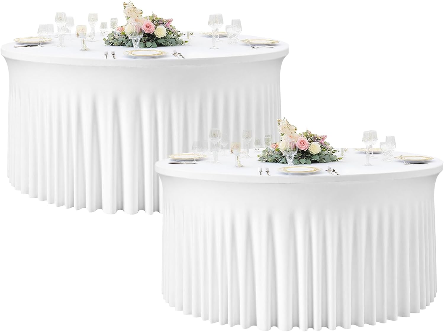 White Spandex Round Tablecloths 60 Inch - 2 Pake 5FT Table Skirt Spandex Round Table Covers Wrinkle Free for Happy Birthday Minecraft Tablecloth, Wedding Party Decorations