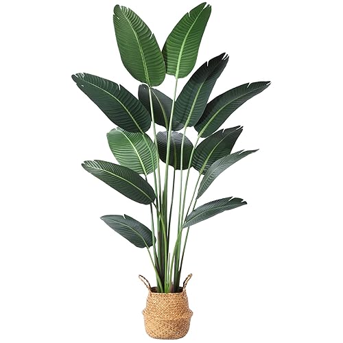 Ferrgoal Artificial Bird of Paradise Plants 6 Ft Fake Tropical Palm Tree with 13 Trunks in Pot and Woven Seagrass Belly Basket Perfect Faux Plant for Home Indoor Outdoor Office Modern Decor Green 1Pc… - 1 - 6ft