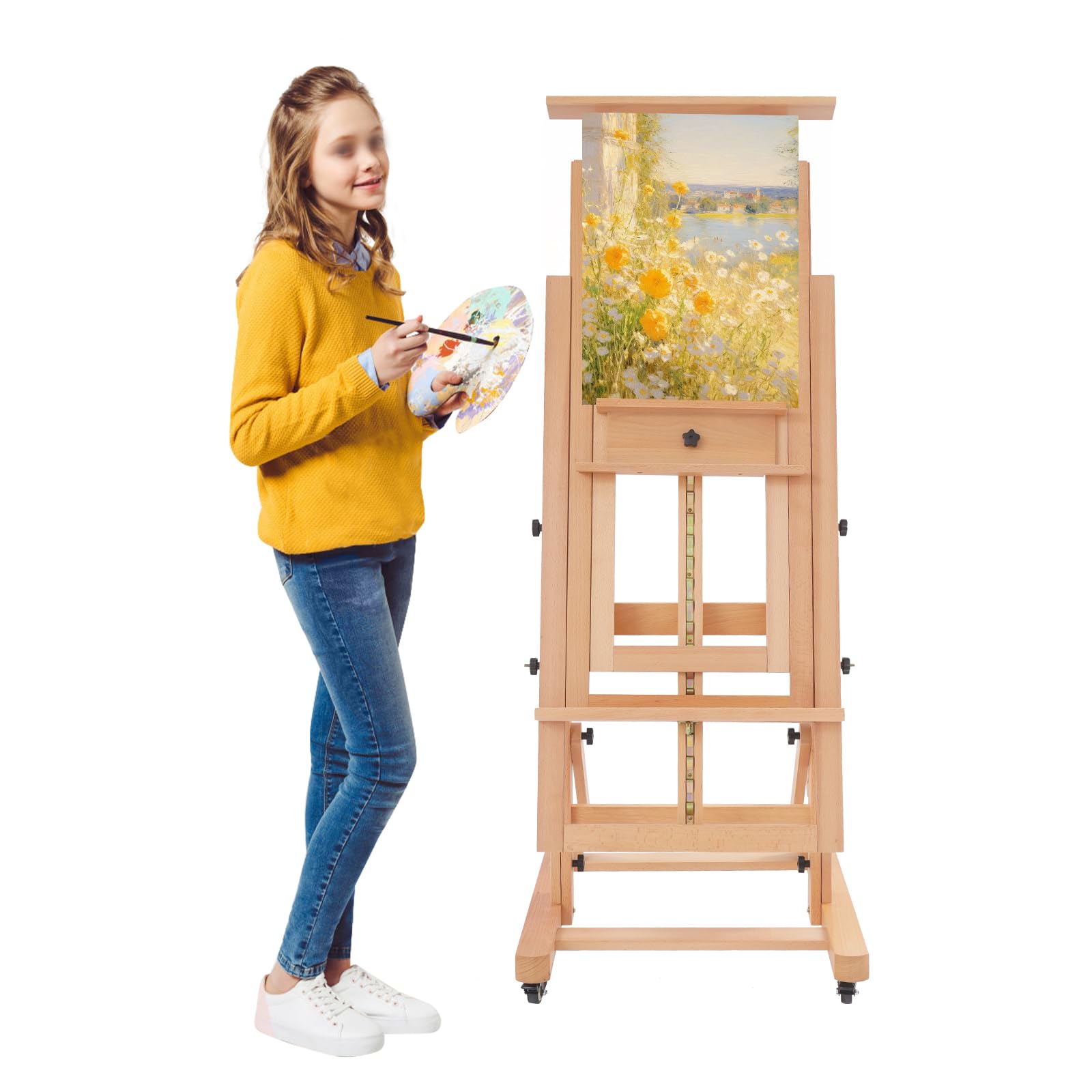 Profesjonalna drewniana sztaluga atelier, regulowana sztaluga w kształcie litery H z rolkami, pozioma i pionowa pozycja malarska, sztaluga z litego drewna, dla artystów i szkoły artystycznej