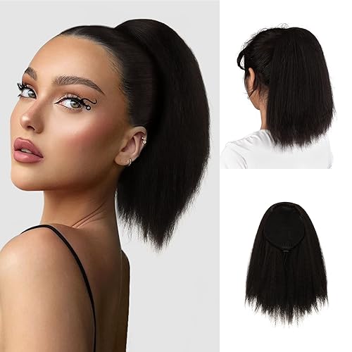 PEACOCO Colas de caballo con cordón para mujeres negras, extensiones de cabello lacio Yaki de 12 pulgadas con clip de cola de caballo corta en cola