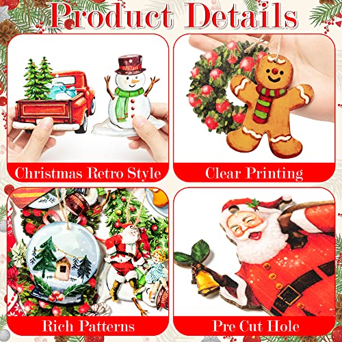 Haooryx 37Pcs Vintage Christmas Wooden Hanging Ornaments Santa Snowman Gingerbread Cutouts Traditional Wood Slices Sign Watercolor Christmas Tree Pendant Tags For Winter Holiday Home Farmhouse Supply #TOP3