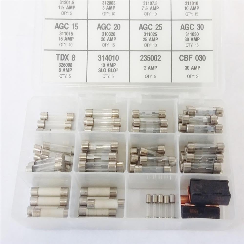 107 Assortment AGC Glass Buss Fuses Set Box 3 7.5 10 15 20 25 30 Amps Linc Merc