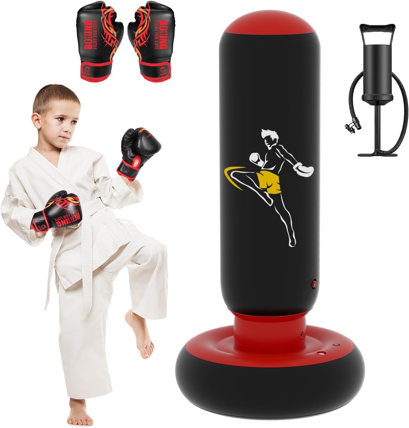 QPAULarger Stable Punching Bag Toy for Kids with Boxing Gloves, Tall 66 Inch Kids Inflatable Boxing Bag Toy, Gifts for Boys & Girls Age 6-12, for Karate, Taekwondo, MMA and to Relieve Pent Up Energy