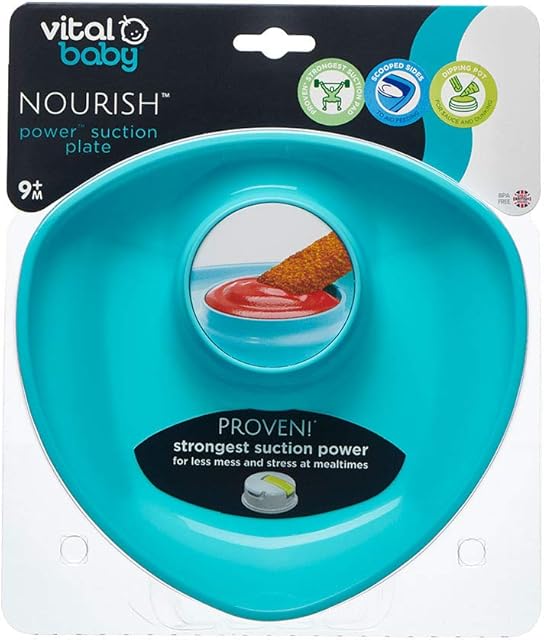 Vital Baby Nourish Power Suction Plate  Baby Led Weaning and Feeding Plate  Strongest Suction  Non-Slip - Scooped Sides - Dipping Pot - BPA, Phthalates & Latex Free - Toddler Self-Feeding, Blue