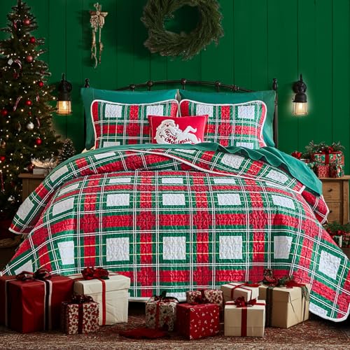 Tititada Christmas Traditional Plaid Quilt Bedspread Set Queen Size, Red