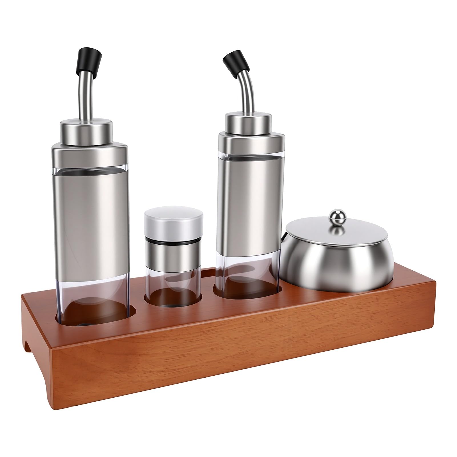 AMONIDA Gewürzspender-Set aus Edelstahl mit Stilvollem Holzsockel für Küchenutensilien, 5-teiliges Salz-Zucker-Öl-Essig-Set