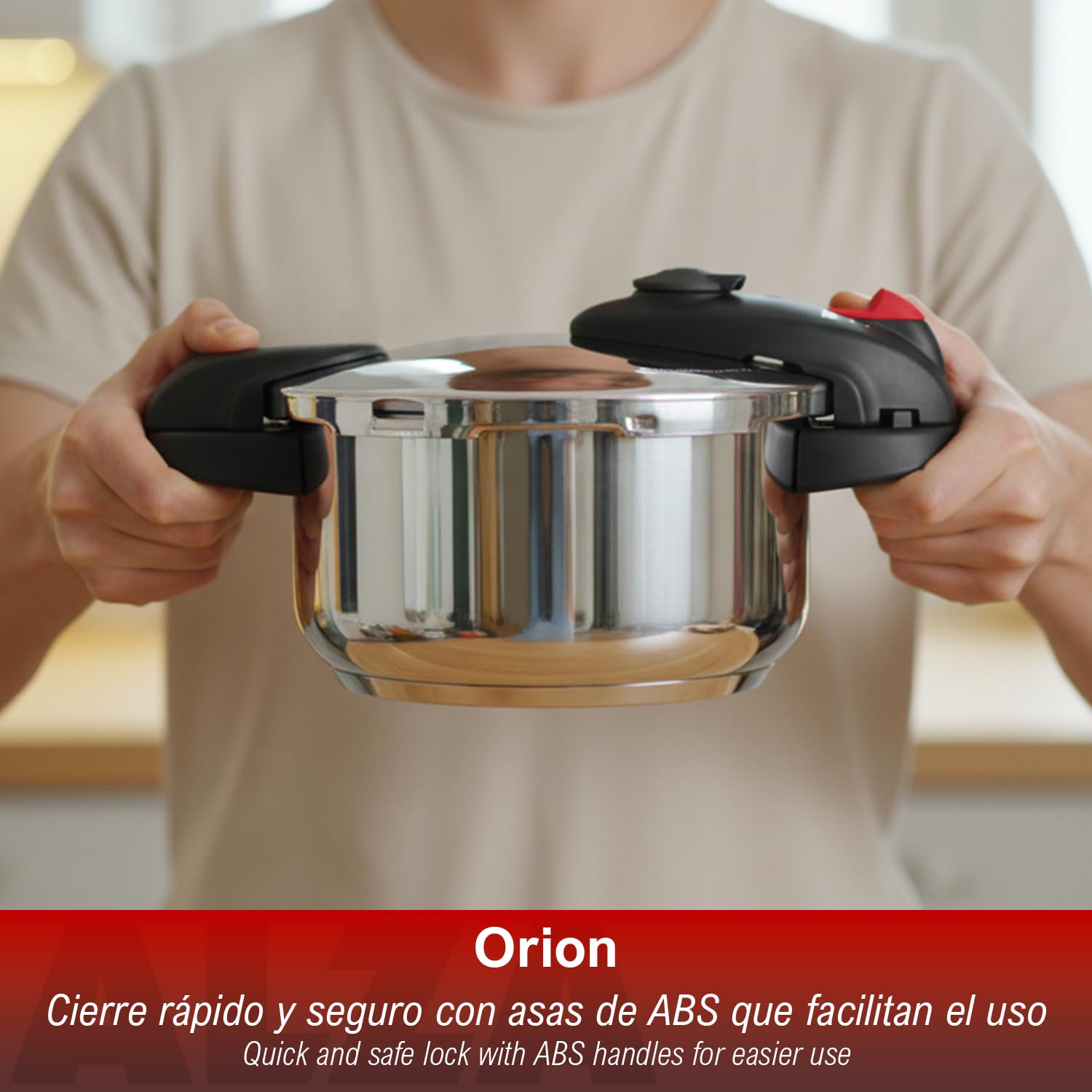 Alza Orion - Olla Express Rápida 6L, Acero Inoxidable 18/10, 2 Niveles de Cocción, Fondo "Impaksteel", Diseño de Doble Asa, 5 Sistemas de Seguridad