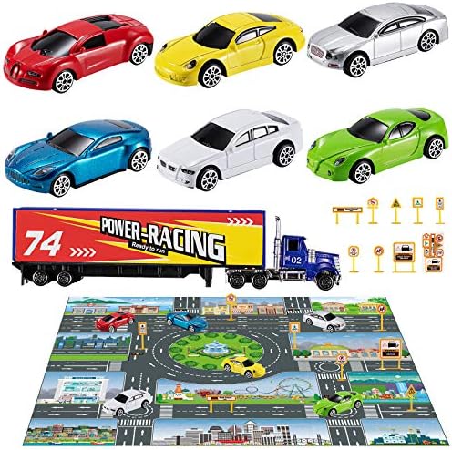 TEMI Diecast Racing Cars Toy Set with Activity Play Mat, Truck Carrier wiht 6 Sport Cars, Alloy Metal Race Model Car and Assorted Vehicle Play Set for Kids, Boys & Girls