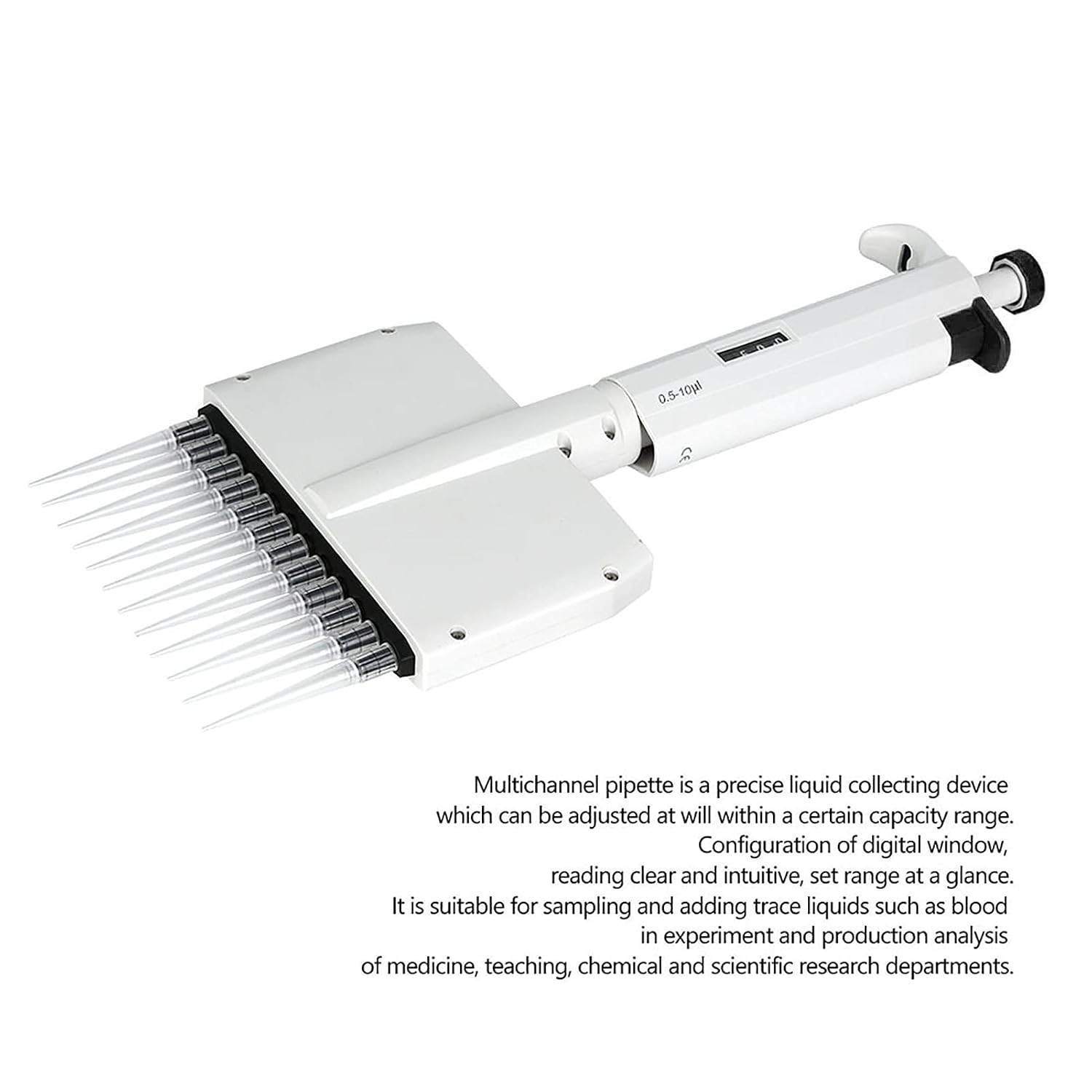 Multichannel Pipette, Adjustable 12 Channel 0.5-10μl, high Tech Materials, Digital Window, ISO 8655 Standard Accuracy, Convenient Maintenance, Suitable for 96 Orifice Plate,