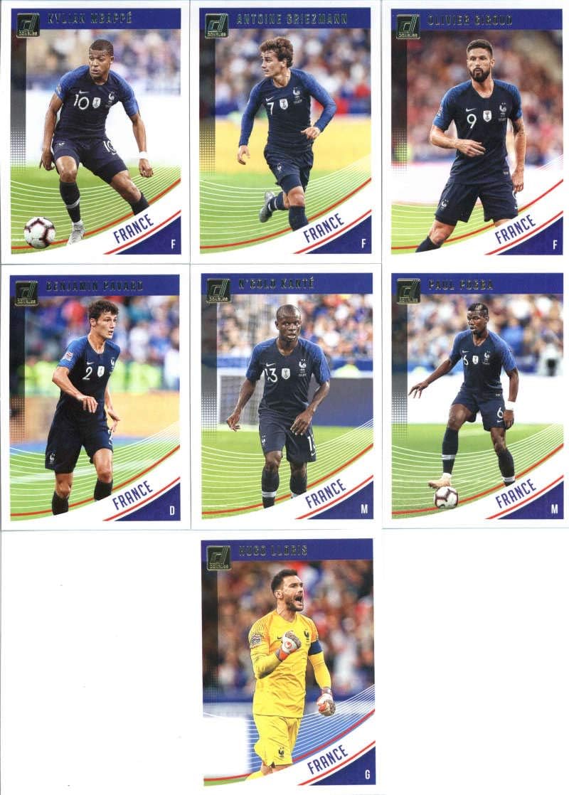 2019 Donruss Soccer France Veteran Team Set of 7 Cards: Olivier Giroud(#130), Antoine Griezmann(#131), Kylian Mbappe(#132), Paul Pogba(#133), N'Golo Kante(#134), Benjamin Pavard(#135), Hugo Lloris(#136)