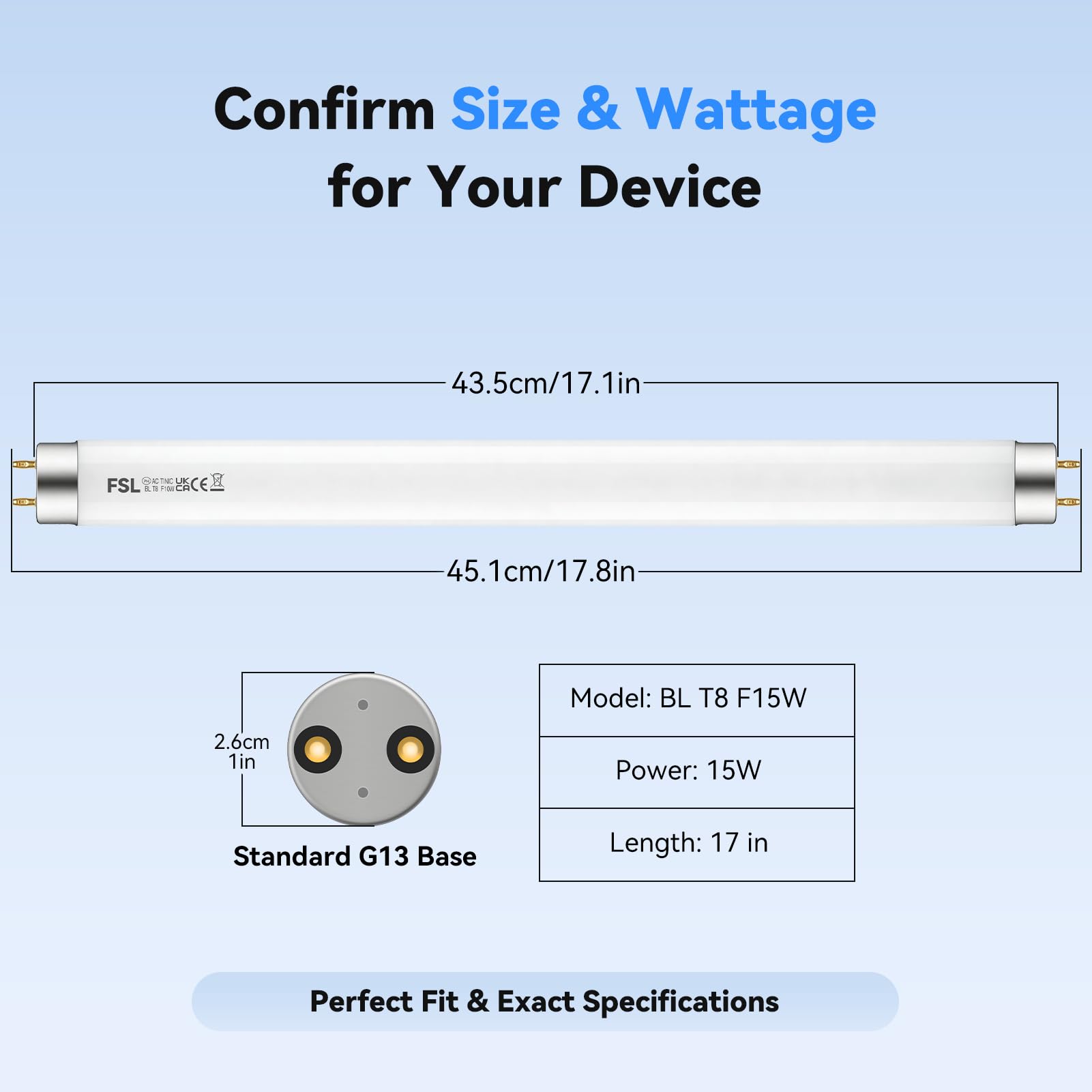 BL T8 F15W Tubo di ricambio per acchiappainsetti, 18 pollici (45 cm), Lampada UV 365 nm | Compatibile con dispositivi elettrici antinsetti, trappole per mosche e lampade UV insetticide