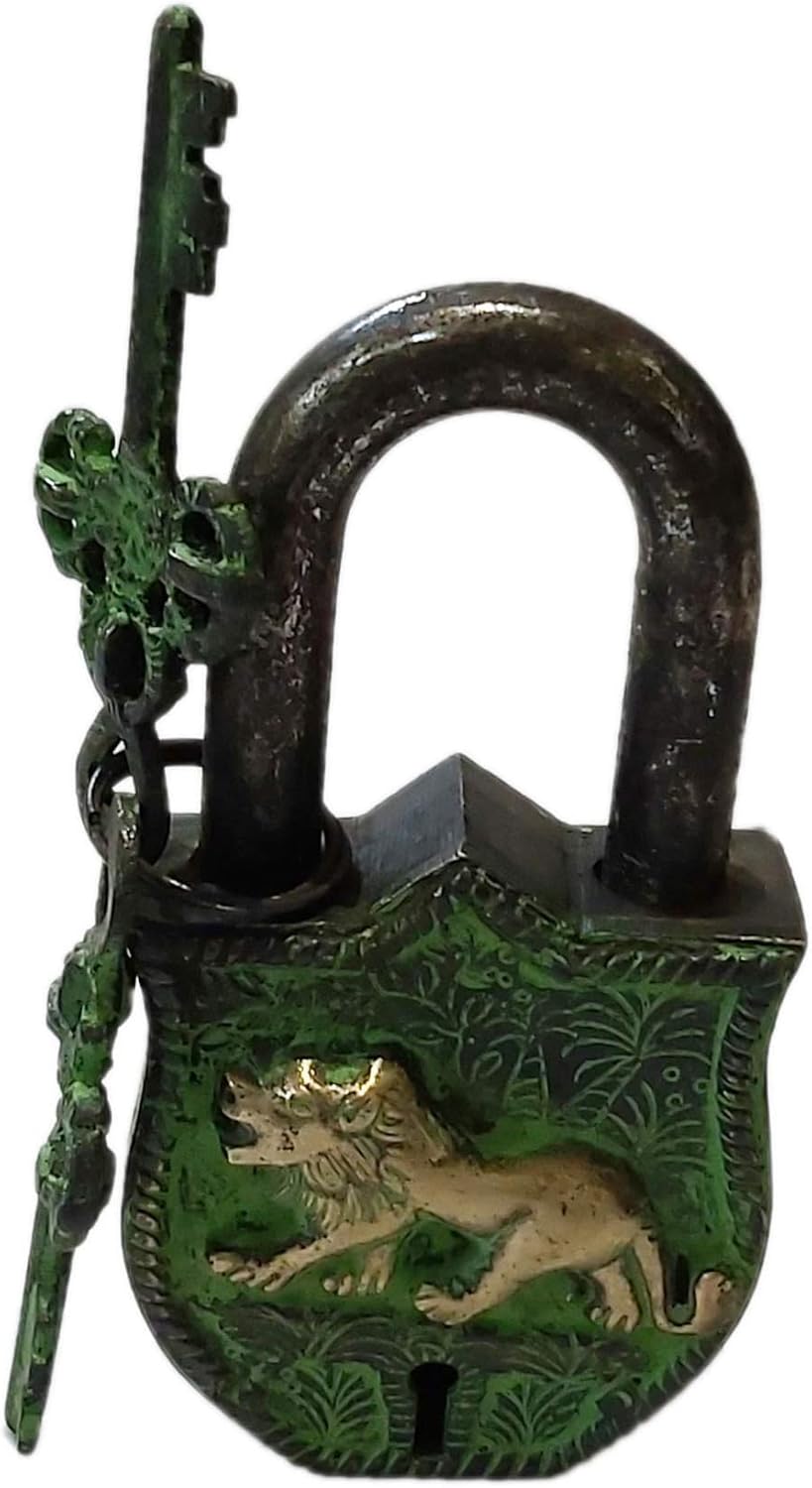 PARIJAT HANDICRAFT Functional Brass Beautiful Padlocks with Two Keys (Tiger-Antique)
