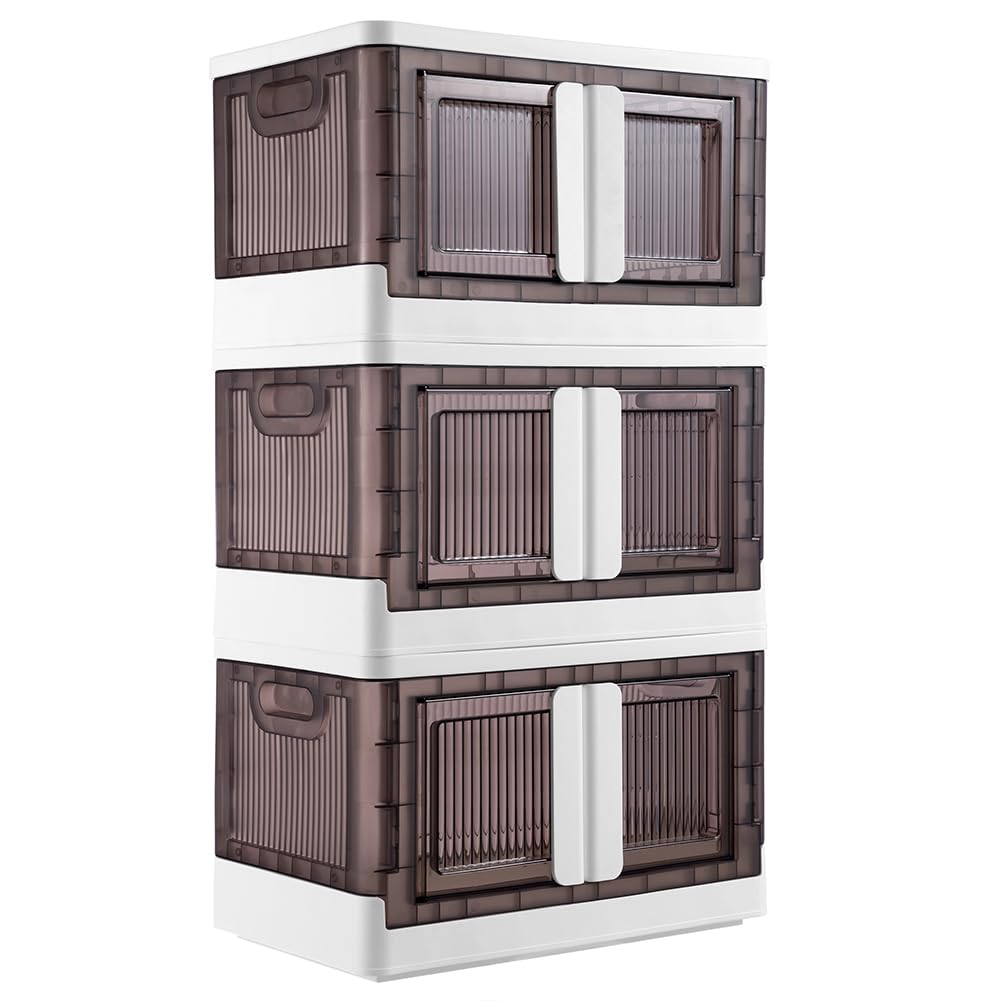 BAKAJI Scatole Portaoggetti con coperchio, Doppio Sistema di Apertura, Contenitori Pieghevoli Salvaspazio con Ruote, Scarpiera Impilabile, Armadio per Vestiti, Giocattoli, Libri, 3 x 45 Litri (Set 3)