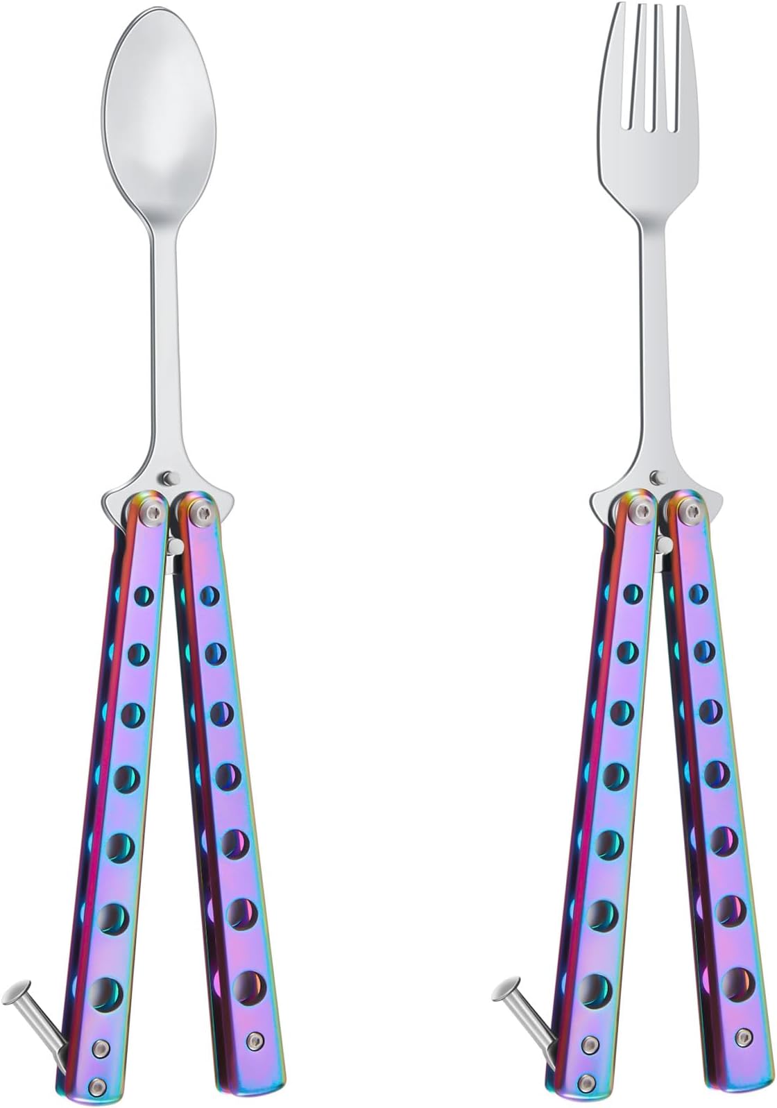 Flutesan 2 Pcs Butterfly Fork and Spoon Set, Tactical Butterfly Spoon Folding Stainless Steel Spork Utensil Set Balisong Trainer for Travel Camping Hunting BBQ Kitchen(Colorful)