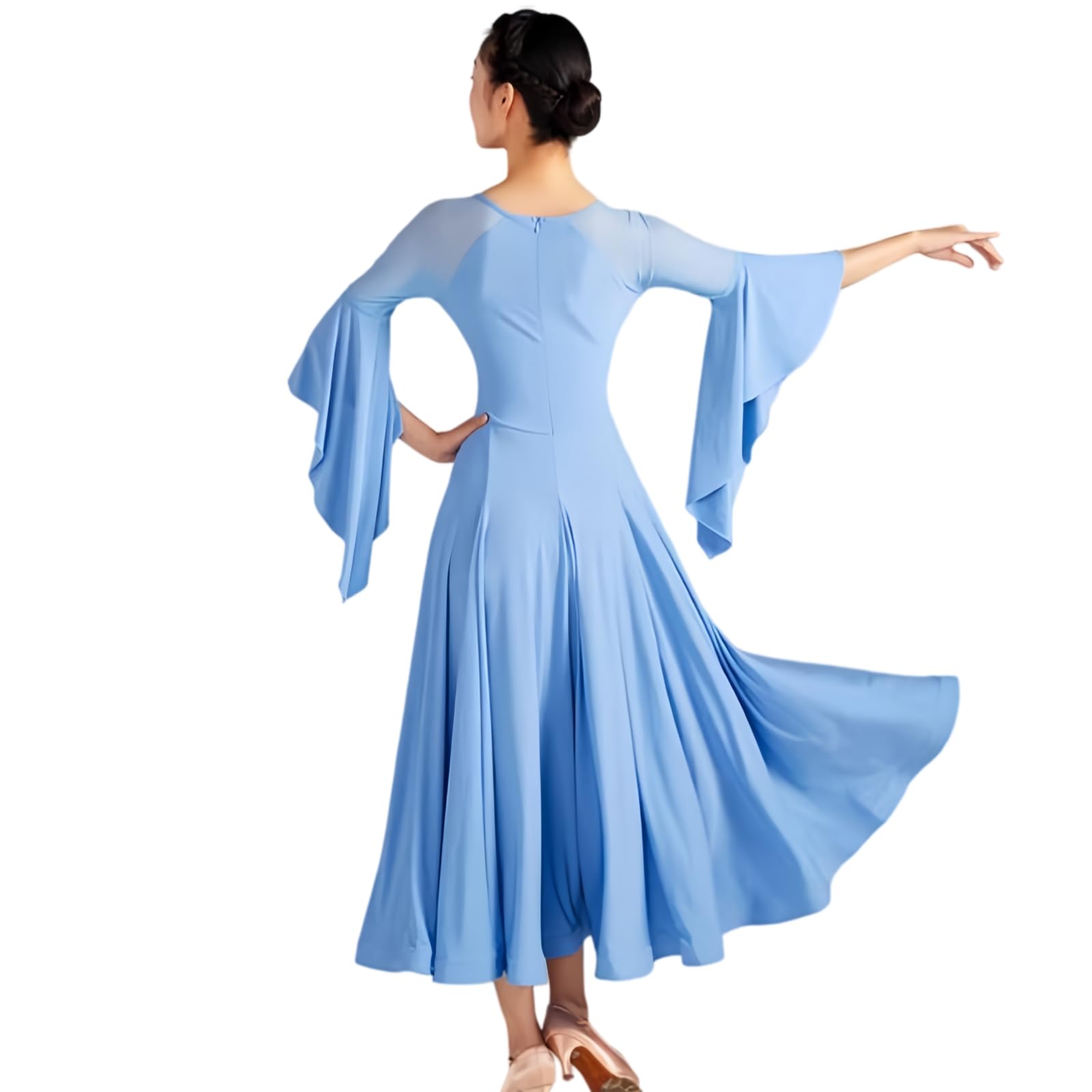 Damen Standard Tanzkleid, Elegantes Midi Kleid Mit Mesh-Einsatz Und Glockenärmeln Für Walzer Tango Foxtrott Training Und Auftritt