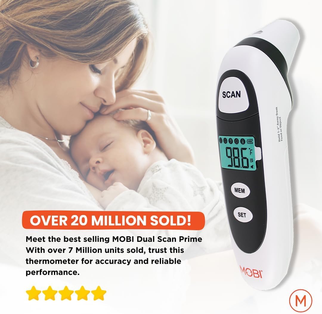 MOBI DualScan Prime Ear & Forehead Thermometer for Baby, Kids & Adults, Digital Infrared, Food & Bottle & Room Mode, 1‑Second Reading, Memory Recall