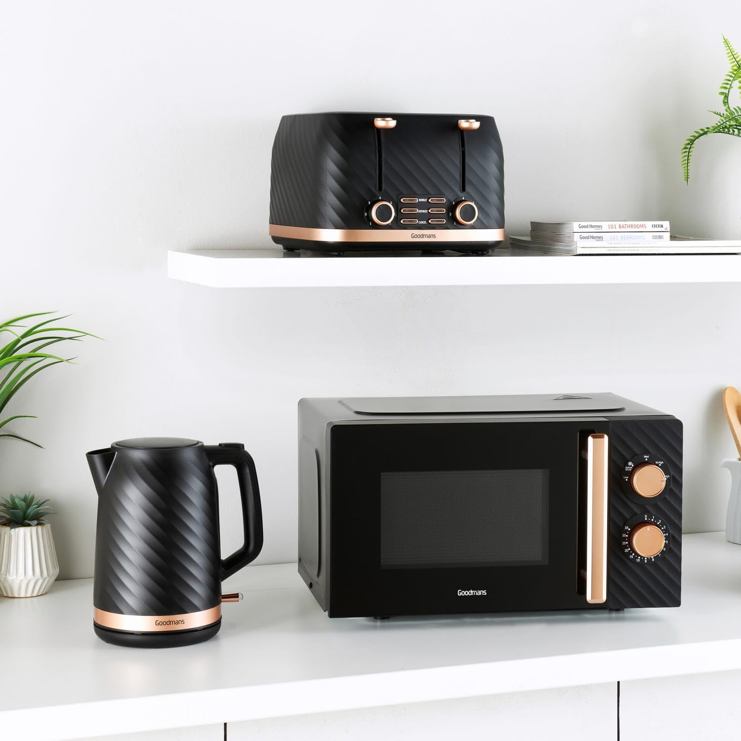 AJ Goodmans Kitchen Set Microwave, Toaster & Kettle Black & Rose Gold Copper Textured 3pc