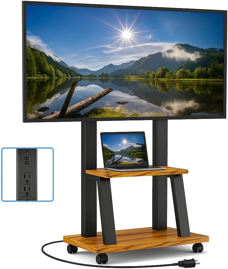 rolling tv stand for 32-80 inch tvs, mobile tv cart with power outlet, outdoor tv stand with wheels, portable tv stands for lcd oled 4k flat/curved panels max vesa 600x400mm (walnut)