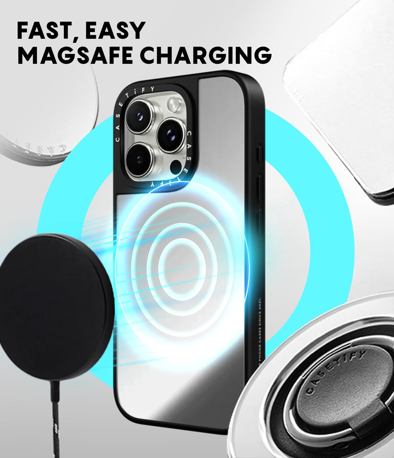CASETiFY Custodia a specchio per iPhone 15 [Star Wars Co-Lab / 1,5 m protezione anticaduta/Magsafe] - Il potere del lato oscuro - adesivo - argento su nero