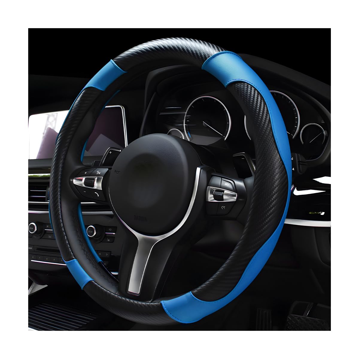DXNQ Car Steering Wheel Cover, 15 Inch Carbon Fiber Leather Stitching Color Steering Wheel Protector, Anti-Slip Elastic Breathable Steering Wheel Cover Stylish Decor for Most Cars (Black&Blue)