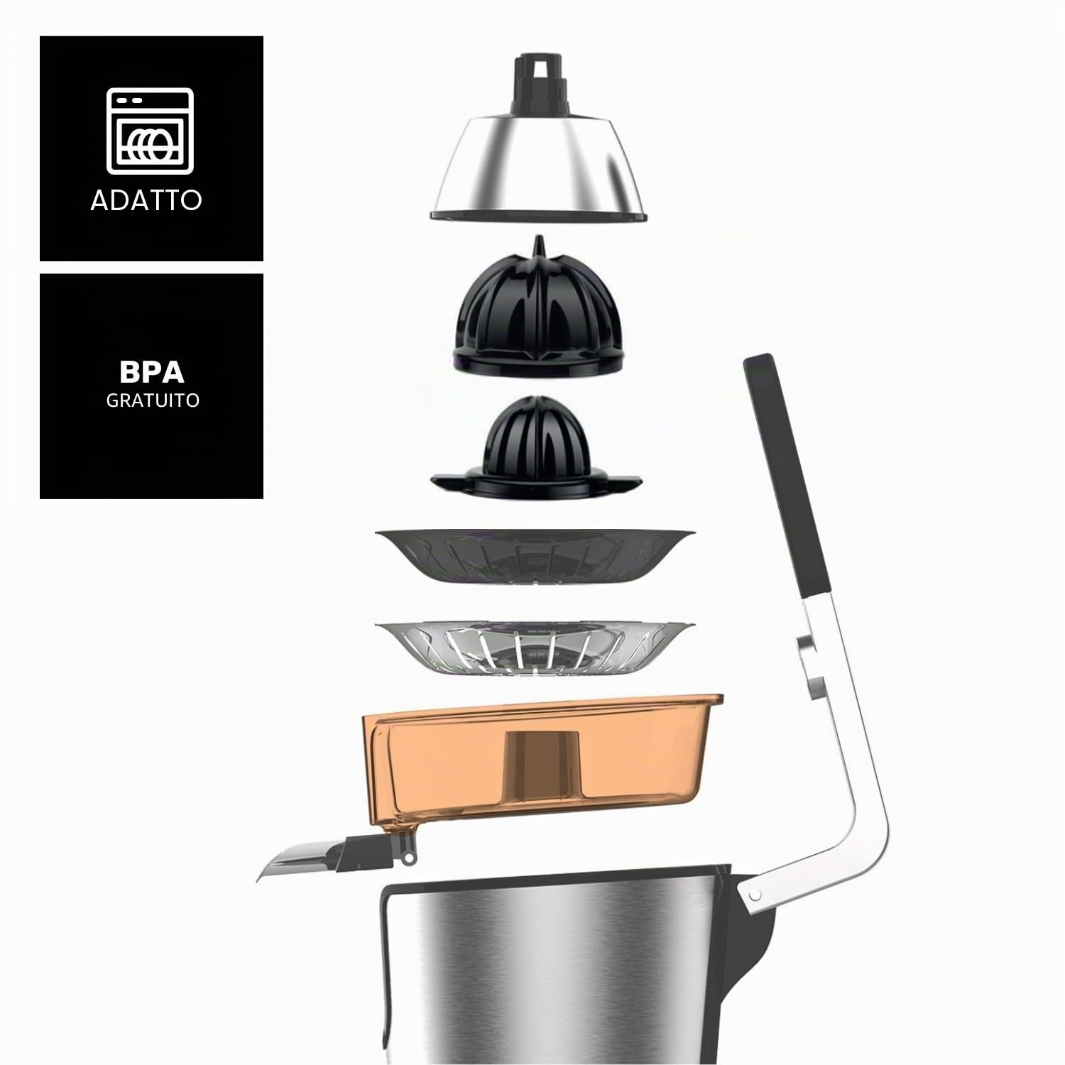 Taurus - Spremiagrumi elettrico a leva +1000W | Versamento continuo antigoccia | Cono per tutti gli agrumi | Filtro polpa regolabile | Serbatoio 650 ml | Senza BPA | Antiscivolo | Lavastoviglie