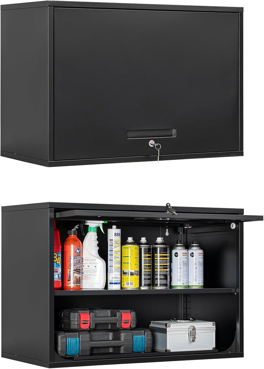 Metal Wall Cabinet with Locking Door and Shelf, Hanging Garage Cabinets with Up-Flip Doors for Garage, Warehouse, Home, Office, Assembly Required (Black, One Cabinet)