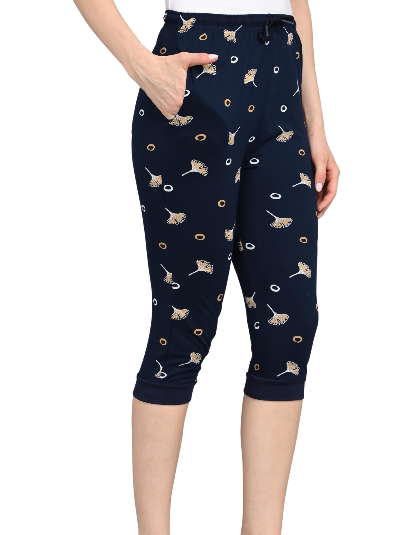 Women's Navy Printed Capri Pants for Girls | Drawstring Waist with Side Pockets | Casual Lounge Wear-image-14