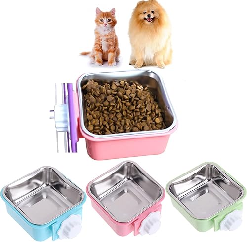 Jaula para perro, cuenco de acero inoxidable extraíble para colgar alimentos, taza de cocina, cuencos de jaula para mascotas con soporte para pernos
