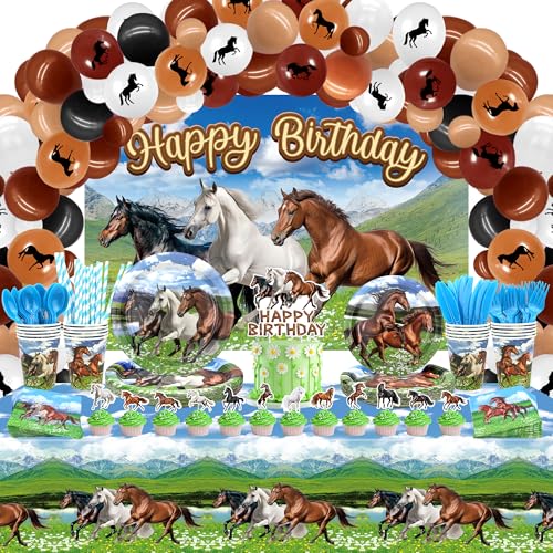 Horse Birthday Party Decoration - Horse Party Favors, Plates Cups Napkins Tablecloth Cutlery Happy Birthday Backdrop Balloons Arch Cake Toppers for Horse Racing Cowboy Western Birthday Party Supplies