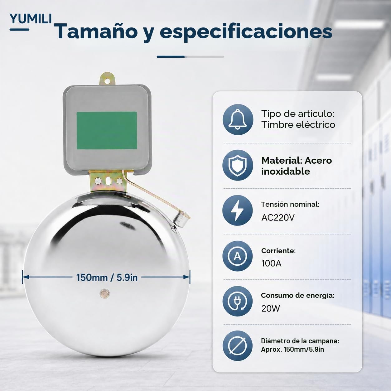 Timbre Escolar de Acero Inoxidable, Timbre Escolar Eléctrico, Timbres Potentes, Antichispas Campana Con Anillo de Tiempo Chispas Tipo Timbrede Externo Para Fábricas Escolares, 150 mm CA 220V