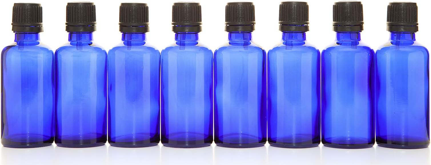 Aura 50ml BLUE Glass Bottles with Black T/E Caps & Droppers - PACK of 8