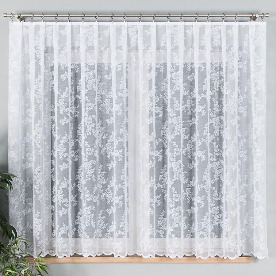 Weiß 600x160 cm (BxH) Ivette Kurz Jacquard Gardinen mit Kräuselband Wohnzimmer Schlafzimmer Transparent Gardinenschals Fenstergardinen Schönes Design Blumen Motiv