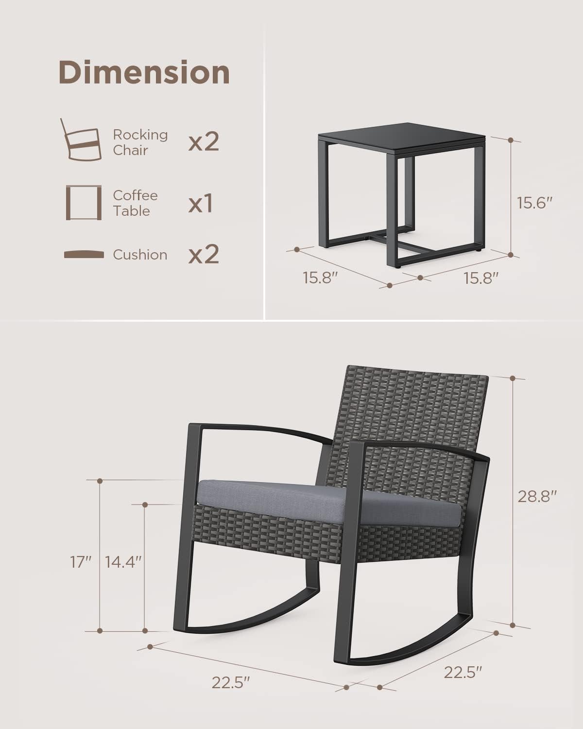 Diagram showing dimensions of the rocking chair and coffee table, and listing components: 2 rocking chairs, 1 coffee table, 2 cushions.