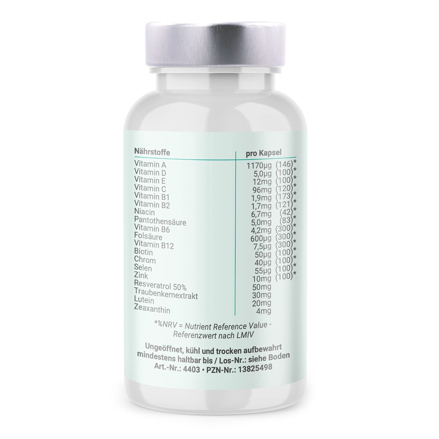 90 Kapseln | Nahrungsergänzungsmittel: Mit Vitamin A, Vitamin B2 (Riboflavin) & Zink zur Aufrechterhaltung der normalen Sehkraft | 20mg Lutein | 50 mg Resveratrol | 4mg Zeaxanthin